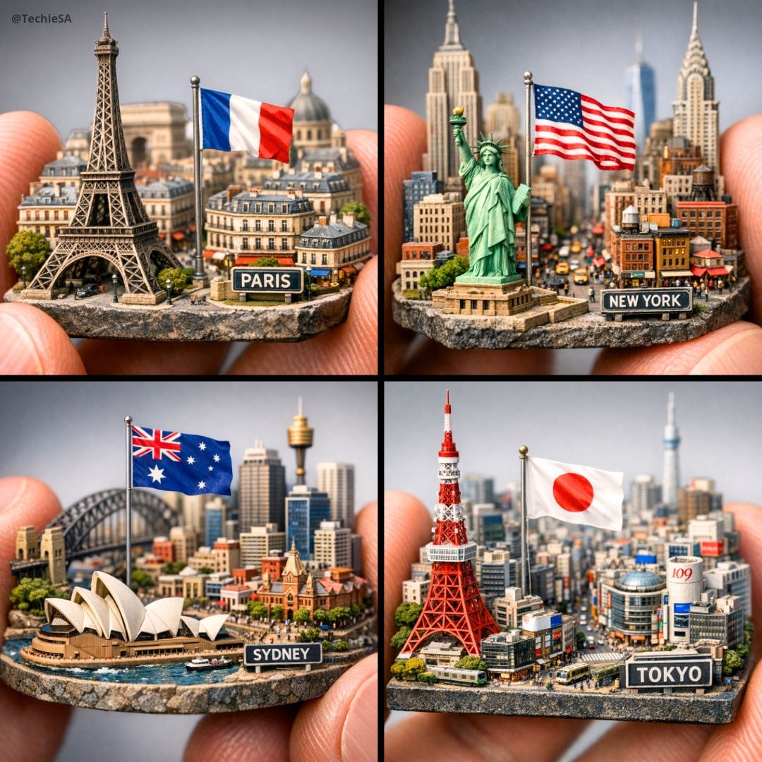 Extreme Close-Up Macro Miniature City Diorama with National Flag