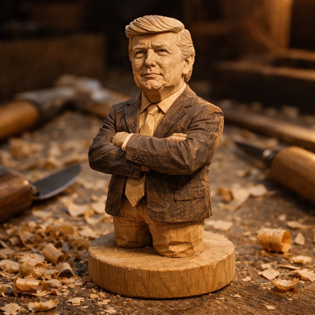 Handgeschnitzte hölzerne Miniaturfigur von [NAME] auf Werkstatttisch