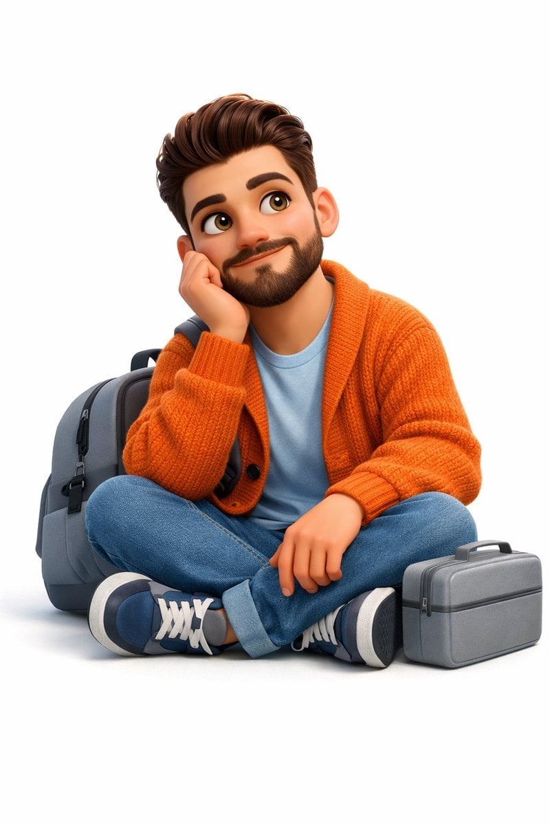 Pixar Style 3D Young Man in Contemplative Pose on White Background