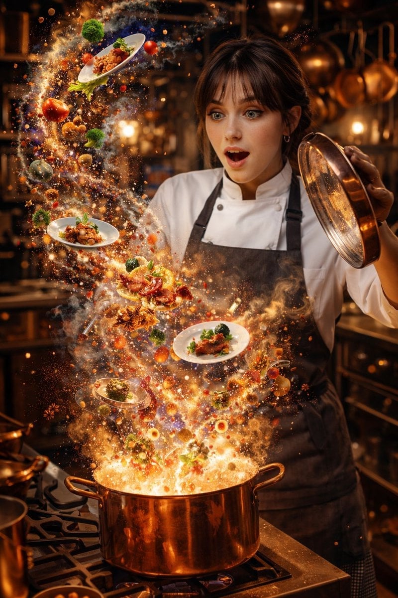 Hyper Realistic Chef with Gourmet Galaxy Exploding from Copper Pot
