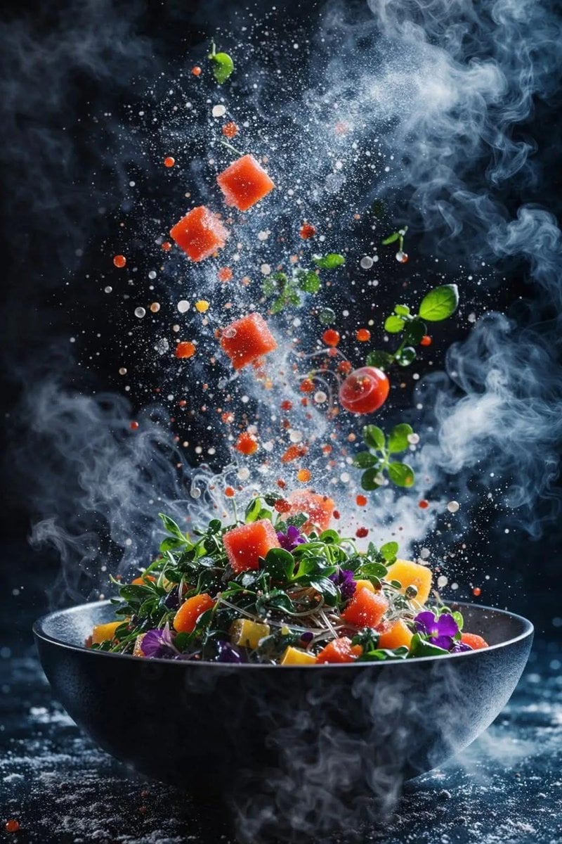 Explosión Dinámica de Ensalada Hiperrealista Fotografía de Alimentos 8K
