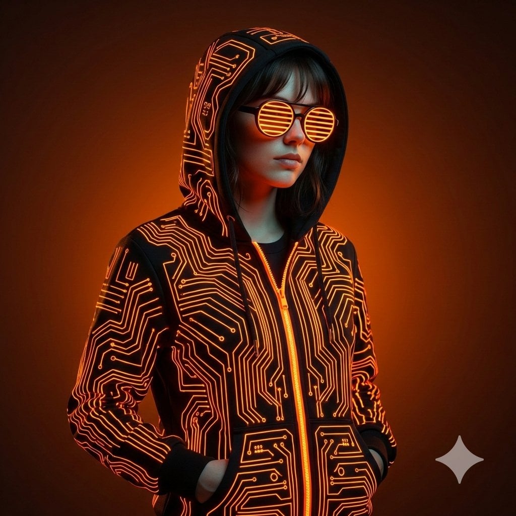 Ultra Realistic Cyberpunk Neon Orange Hoodie Portrait