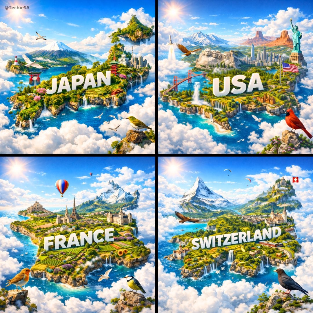 Poster Digital Hiperrealista Isla Flotante Pais Nubes 4K