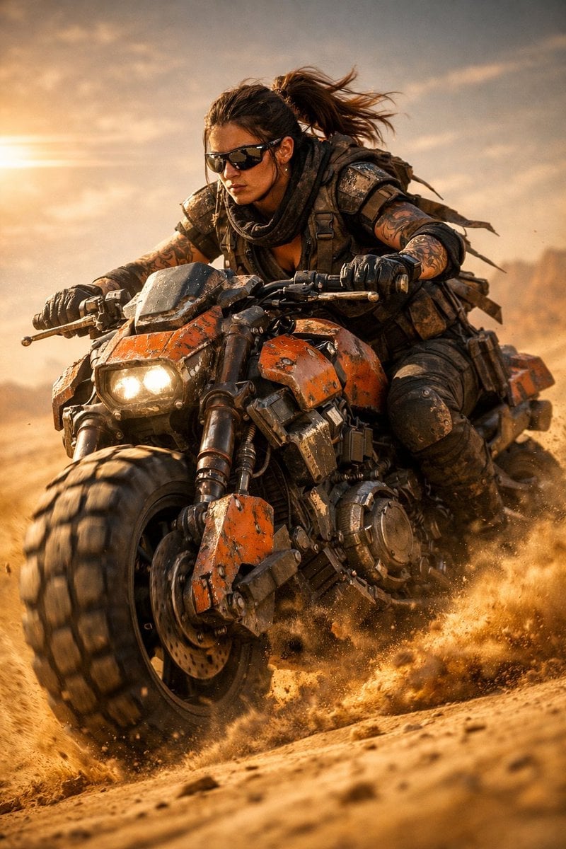 Futuristischer Biker auf Gepanzertem Motorrad in der Wüste