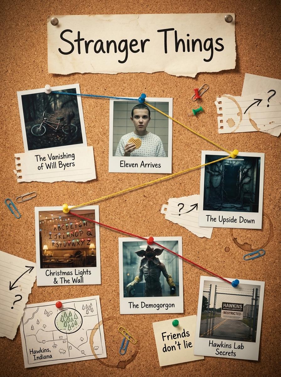 Tableau en Liège Cinématographique Stranger Things avec Polaroids