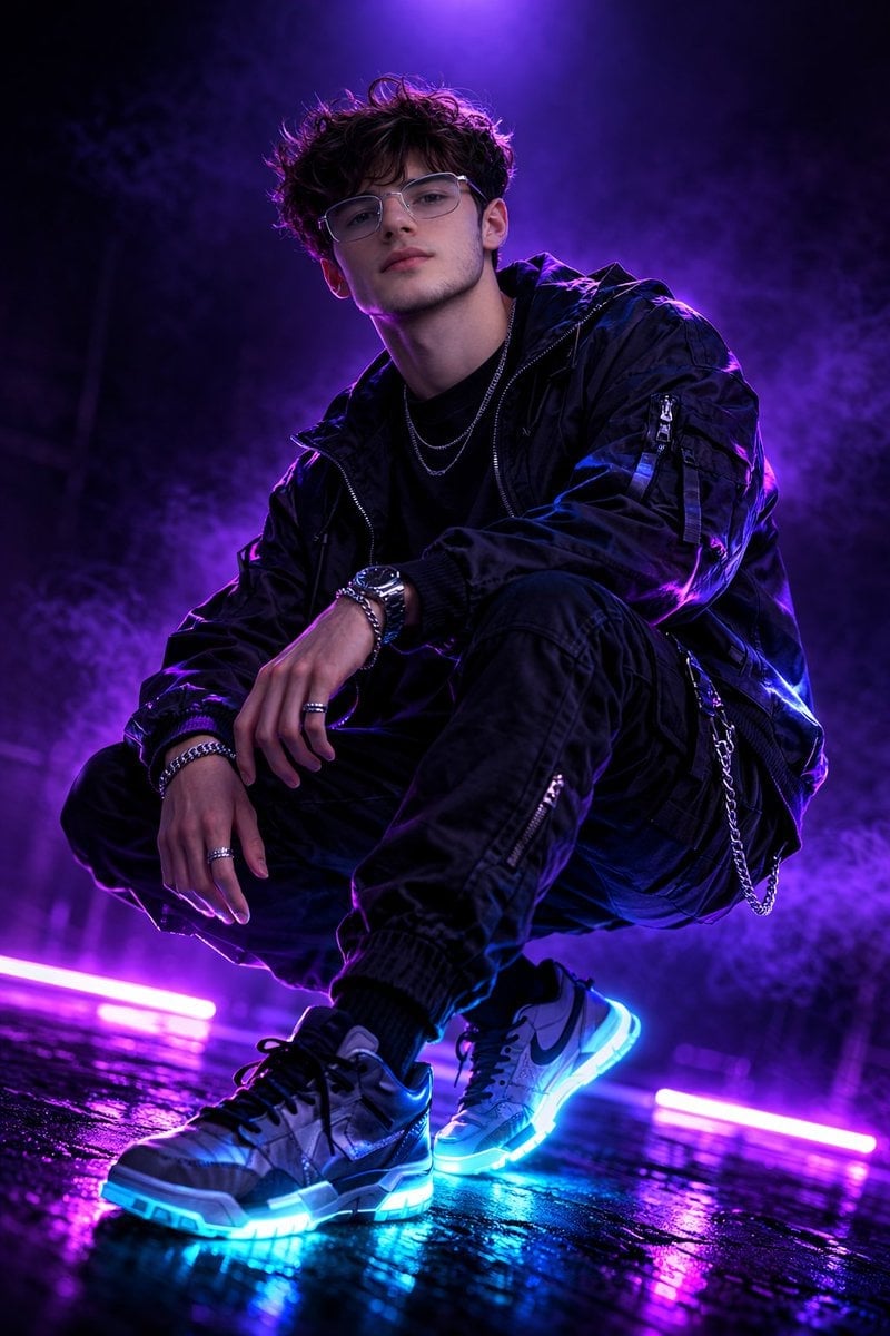 Fotografía de Moda Streetwear Holográfica Violeta Neón Cyberpunk Modelo Masculino
