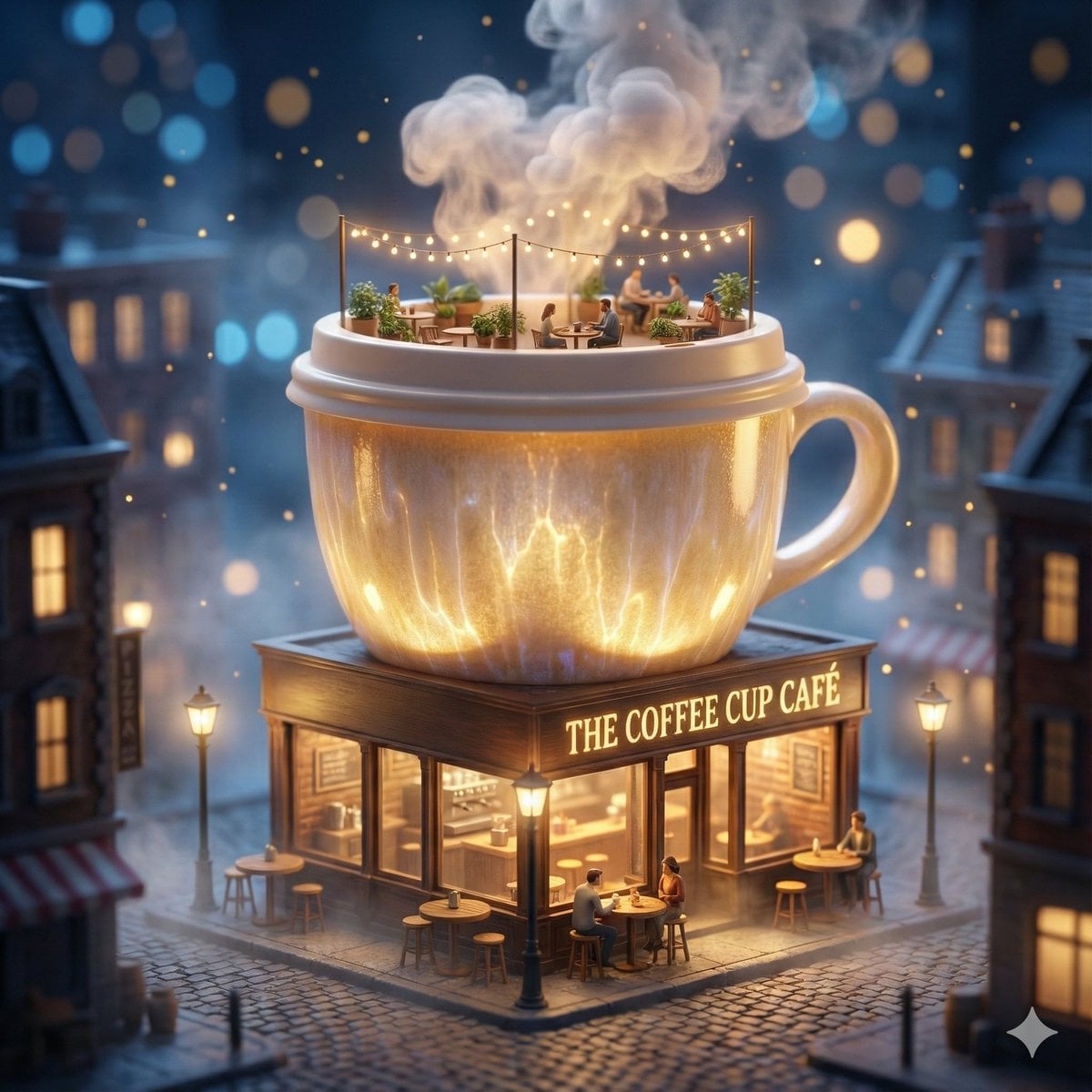 Surreal Giant Coffee Cup Cafe in Miniature Night City