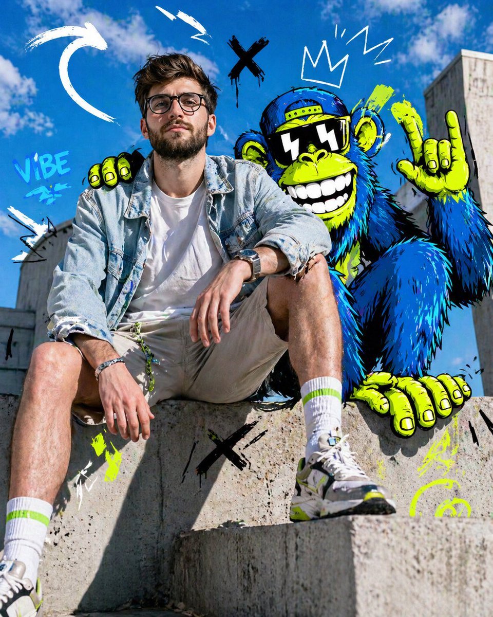 Selbstbewusstes Model mit Neon-Cartoon-Löwe im Urbanen Fashion Editorial