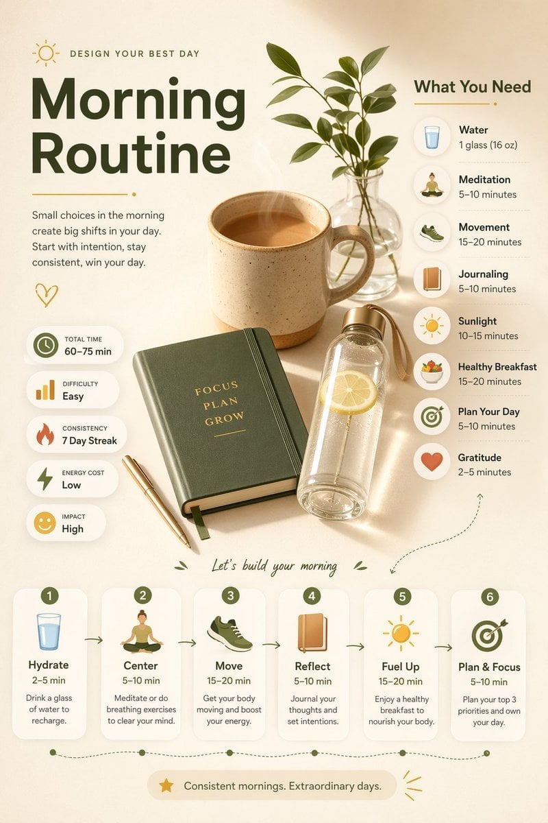 Modernes Morgenroutine-Infografik mit Schritten und Statistiken