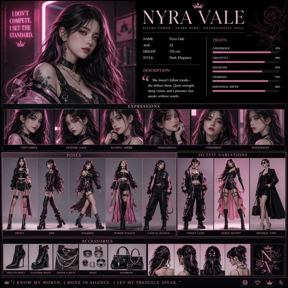 Nyra Vale Luxury Pink Dark Elegance Character Concept Poster