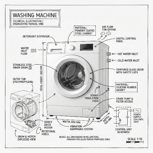 Washing Machine Technical Infographic Cutaway Diagram