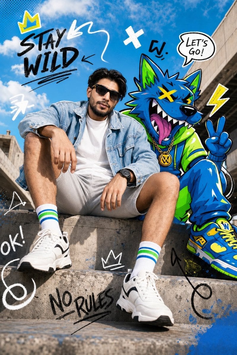 Confident Model with Neon Cartoon Lion in Urban Fashion Editorial