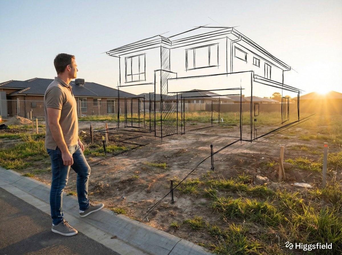Architect in Abandoned Space with Floating Sketch Overlays