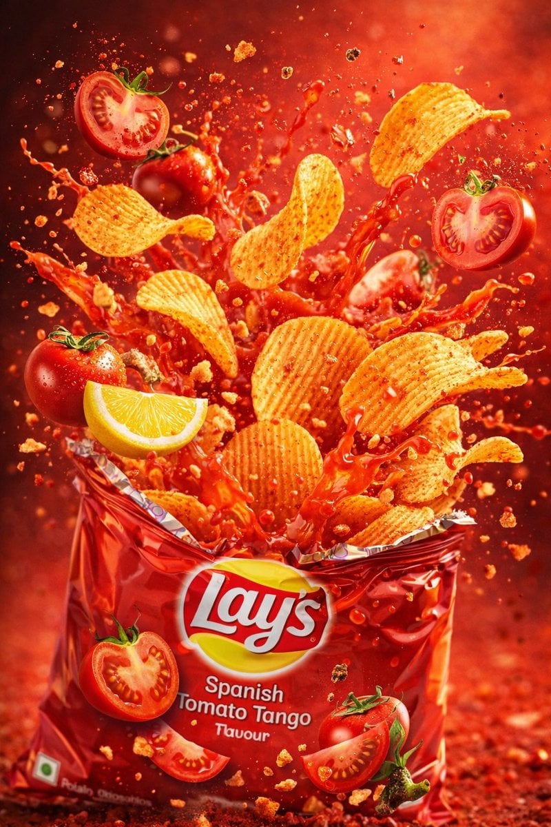Lay's Spanish Tomato Tango Chips Explosion Ultra Realistische Lebensmittelfotografie