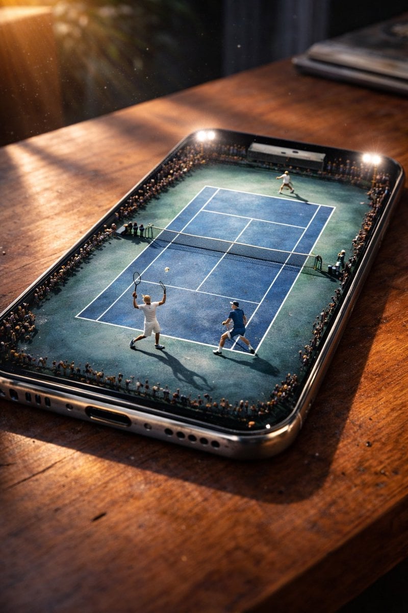 Miniatur-Tenniscourt auf Smartphone-Bildschirm in ultra-realistischer 8K-Aufnahme