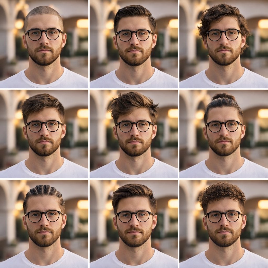 Collage 3x3 de 9 Coupes de Cheveux Hommes sur Même Jeune Modèle