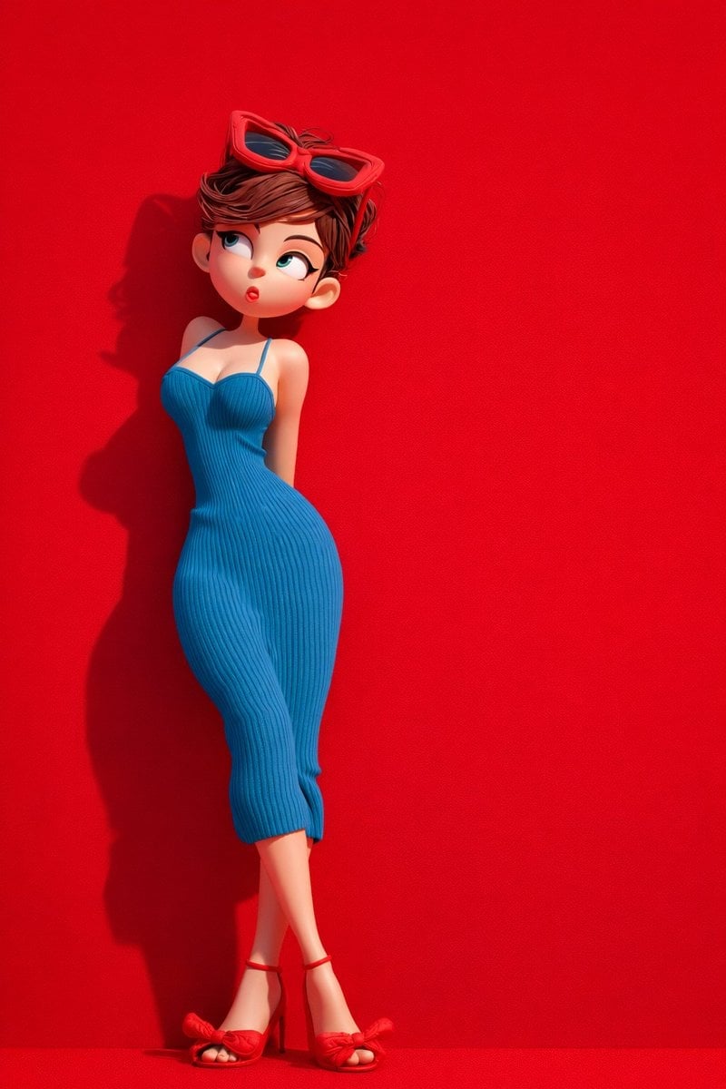 Niña de caricatura 3D estilizada en atuendo verde con maleta