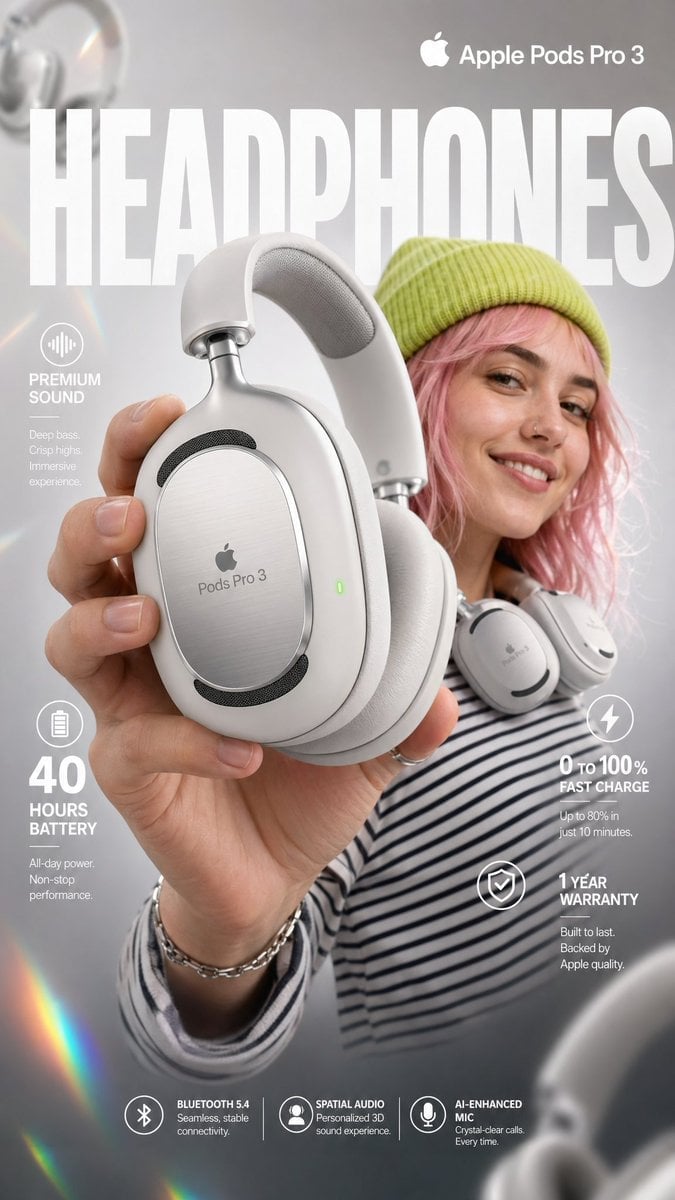 Apple Pods Pro 3 Premium White Over-Ear Headphones Hero Shot
