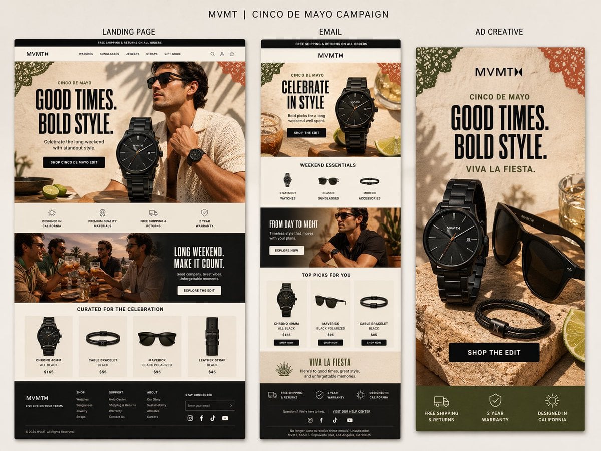 Tablero Campaña MVMT Cinco de Mayo Mockups Landing Page Email Anuncio