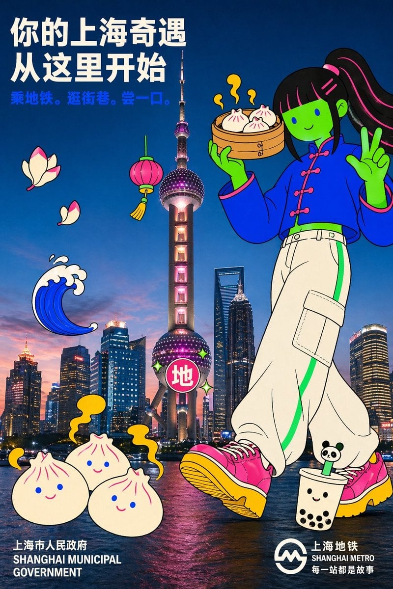 Shanghai Oriental Pearl Tower Neon Grün Doodle Xiaolongbao Kampagnenposter