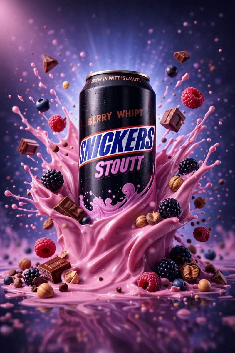 Hyper Realistic Snickers Stoutt Berry Whipt Can with Pink Creamy Splash