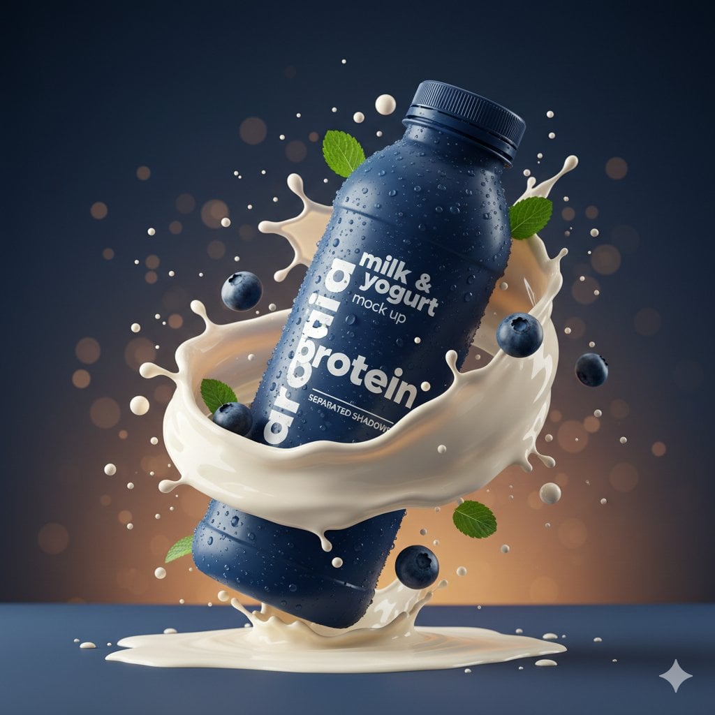 Hyperrealistische Blaue Proteinflasche mit Milchsplash Blaubeeren