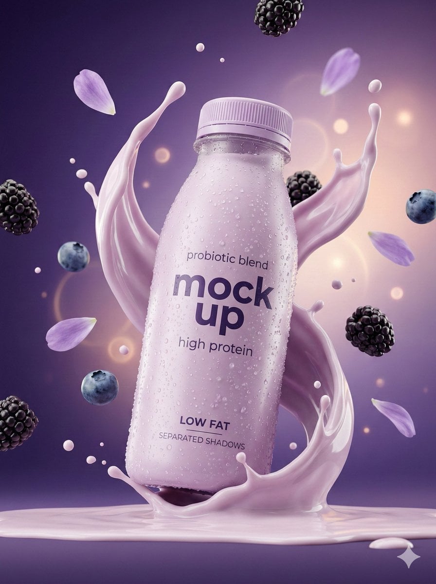 Fotografía Comercial Hiperrealista Botella Batido Yogur Lavanda con Salpicadura
