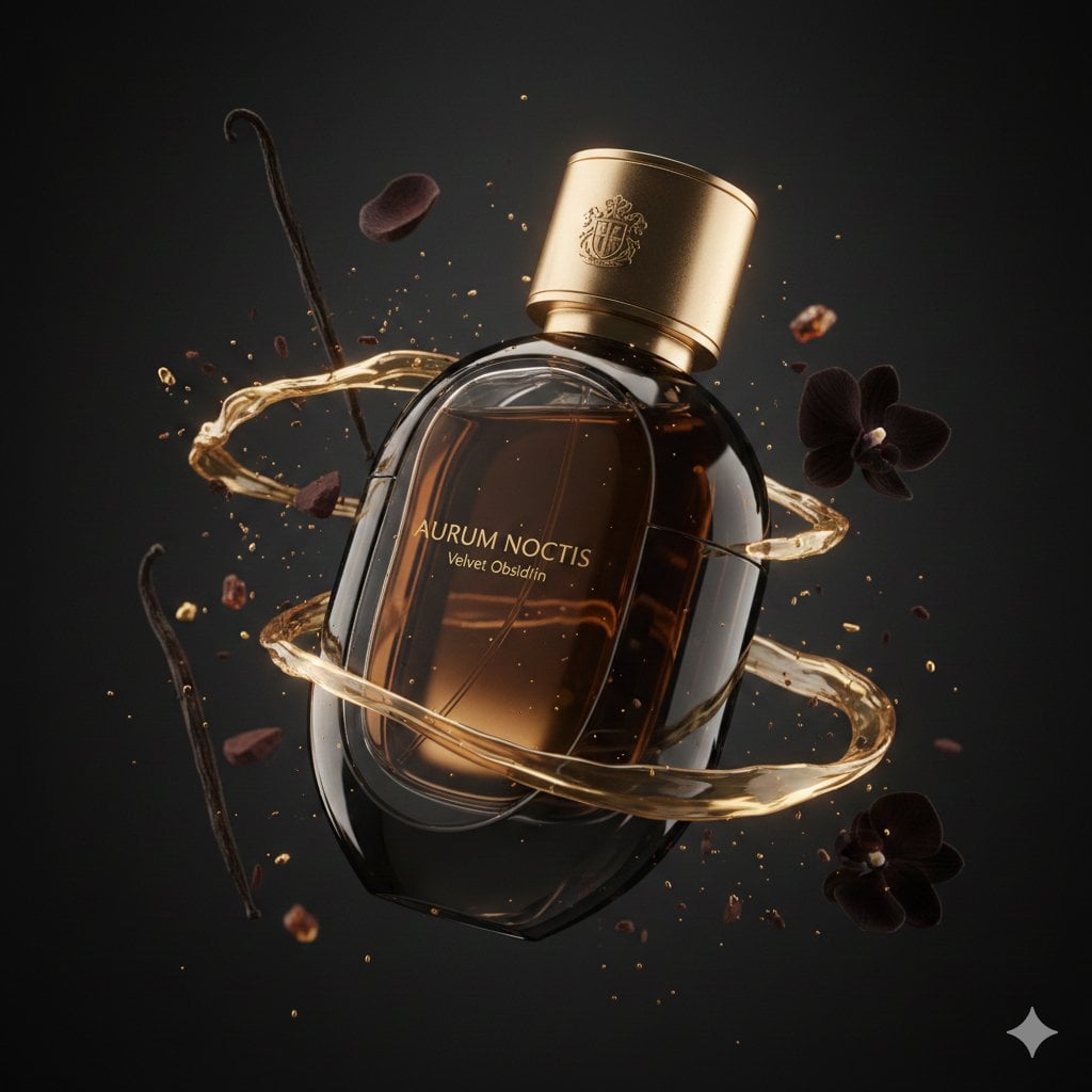 AURUM NOCTIS Velvet Obsidian Luxus Parfümflasche Kinematografisches AI Bild