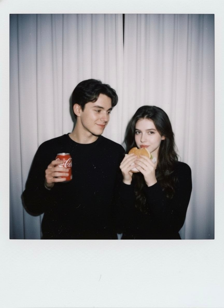 Polaroid Candid Foto Mädchen mit Burger Junge mit Coca Cola