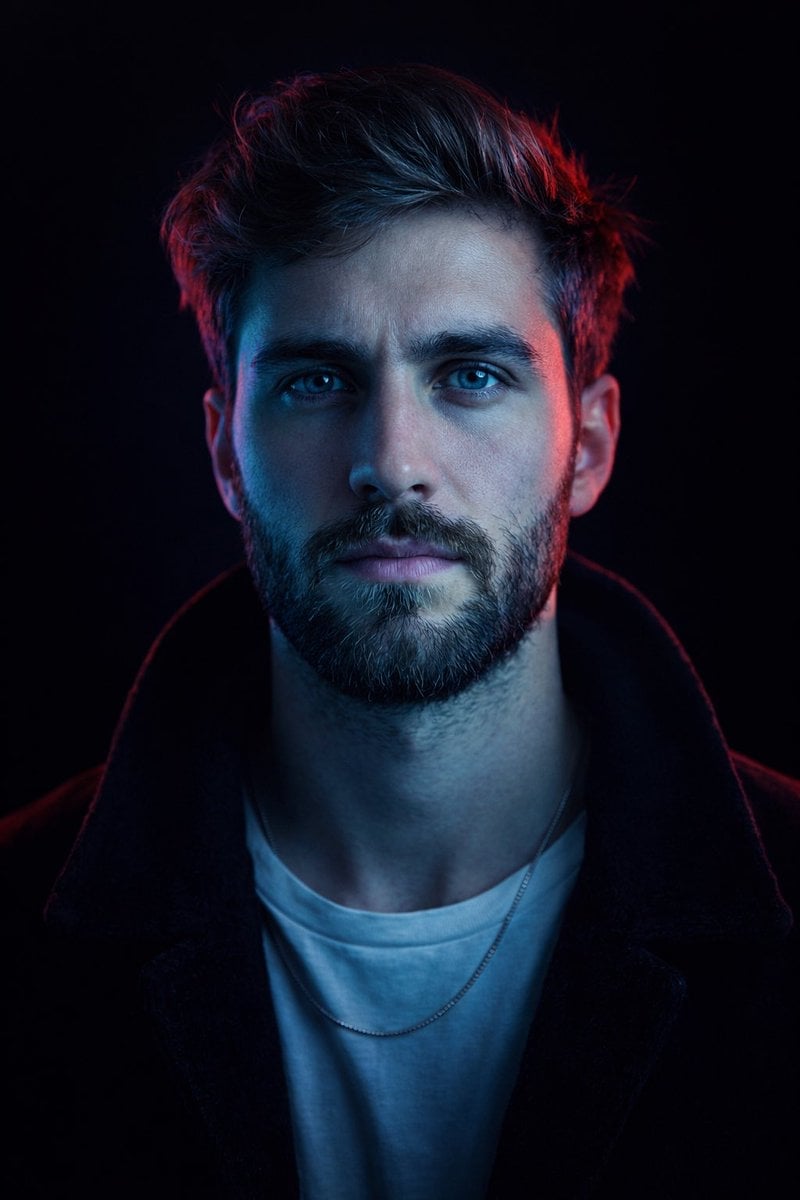 Cinematic Neon Portrait of Middle-Aged Man with Intense Gaze