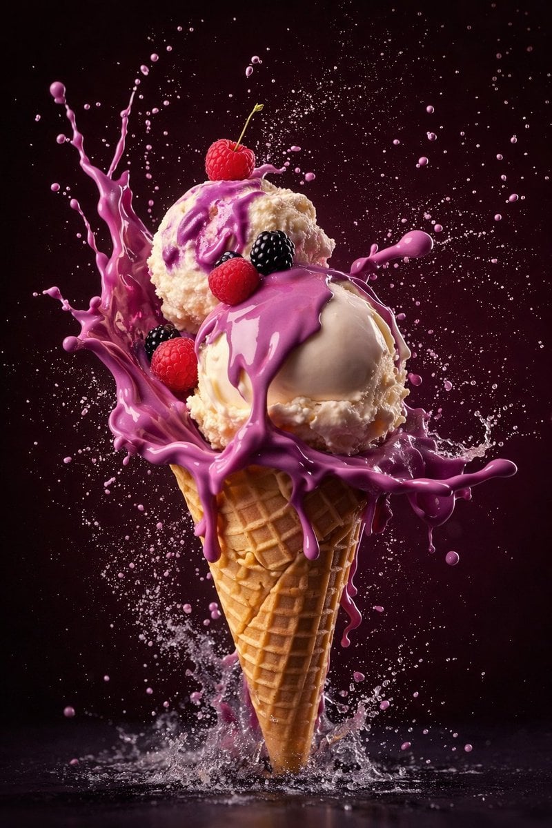 Hyperrealistic Waffle Ice Cream Cone with Purple Sauce Splash