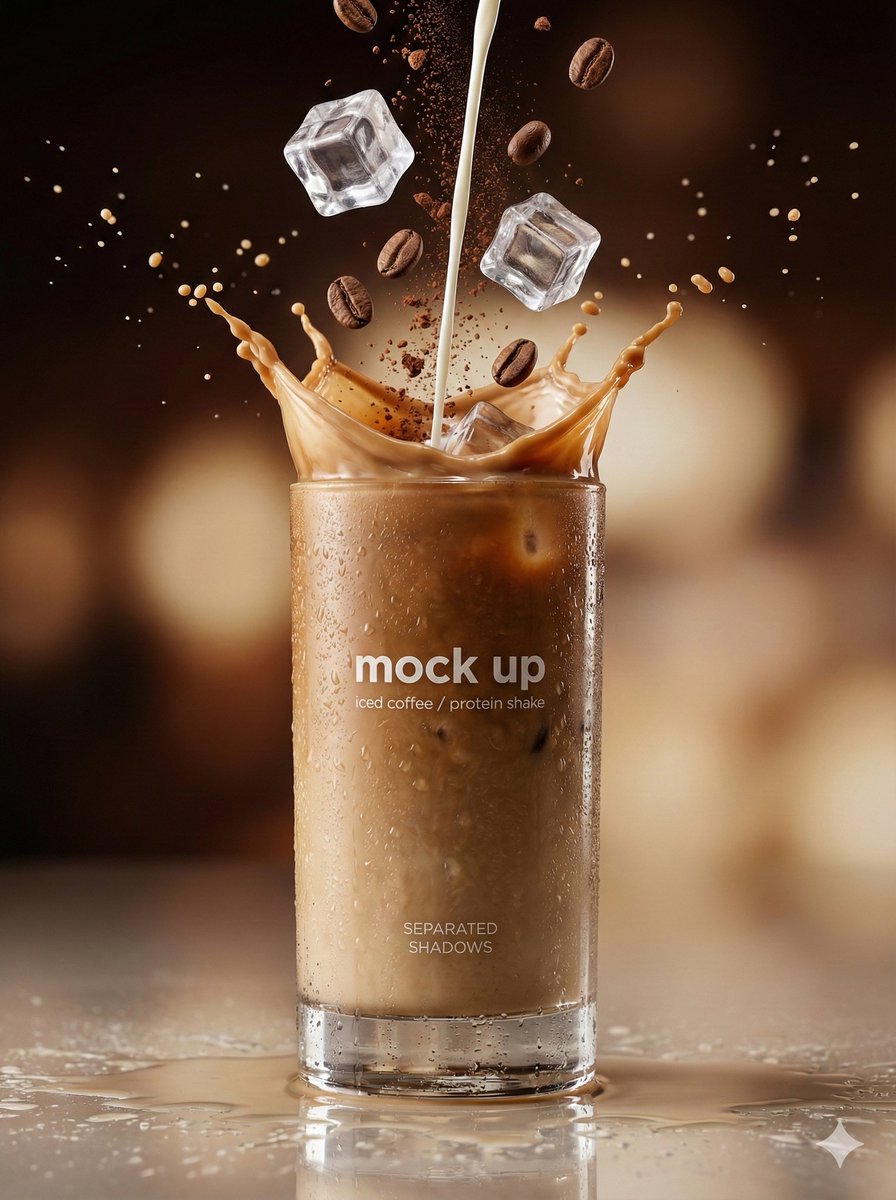 Hyper Realistic Iced Coffee Protein Shake Splash in Glass
