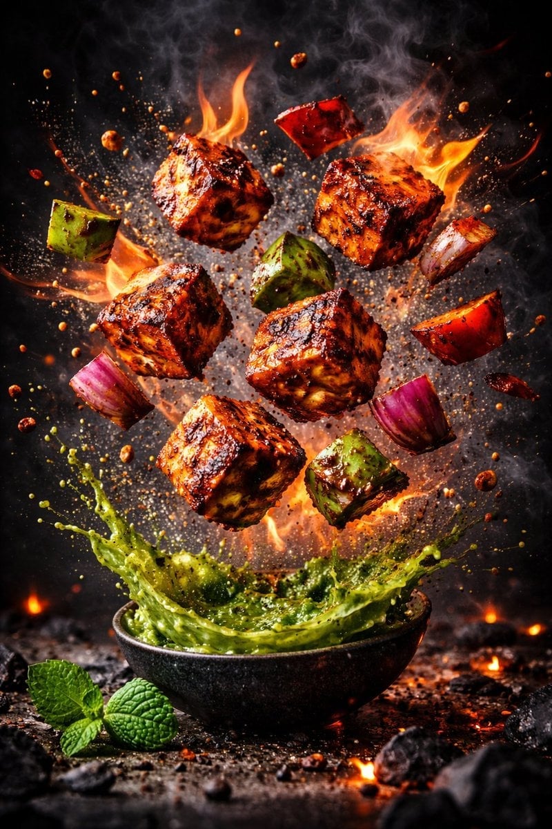 Hyperrealistische Kinematografische Korean Fried Chicken Mid-Air Soßen-Splash