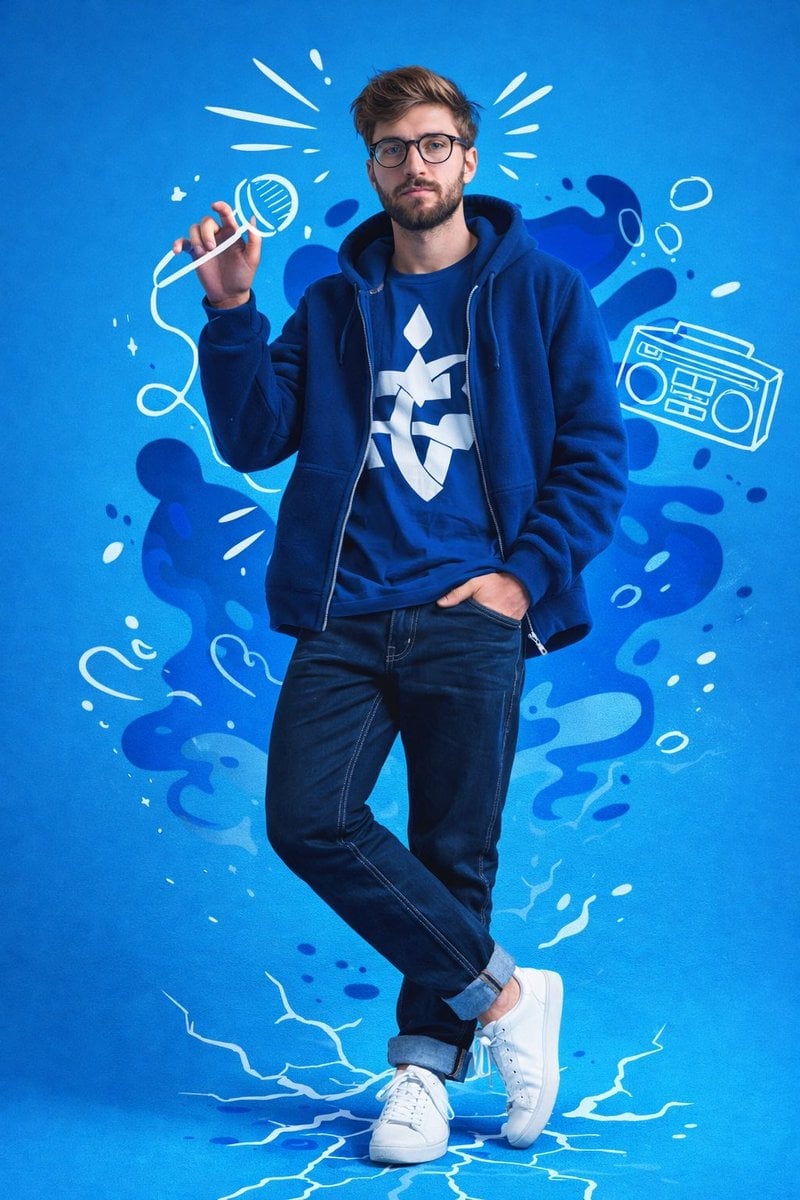 Dynamic Young Man Mixed Media Portrait with Vector Doodles on Blue Background