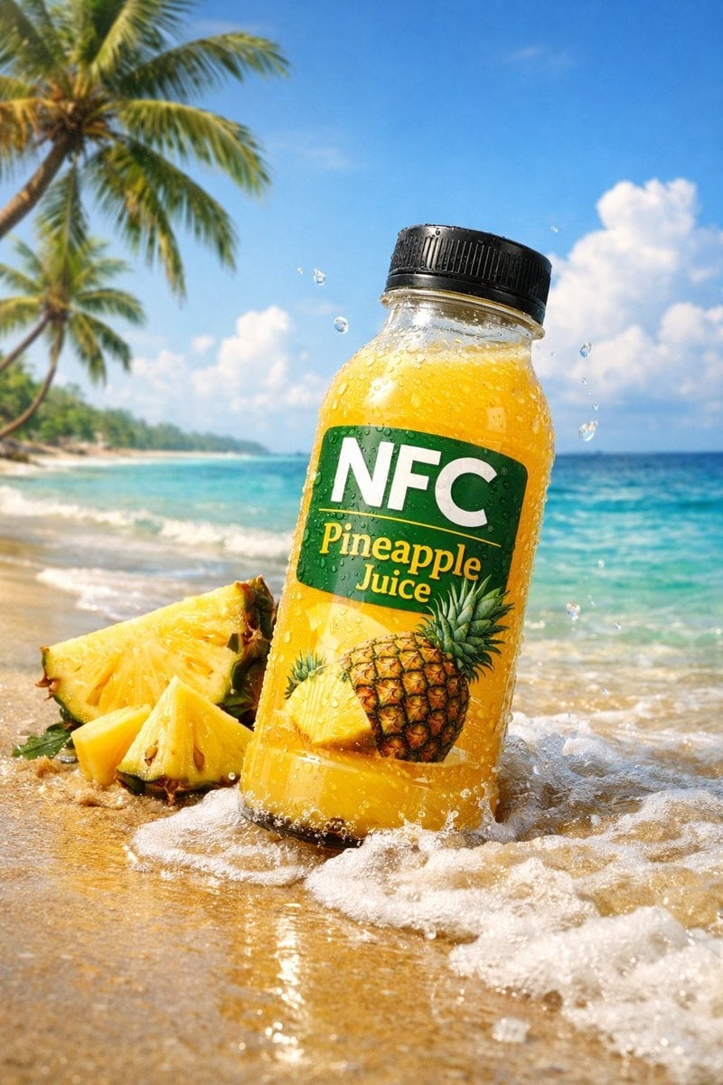NFC Ananassaft Flasche am Tropischen Strand Fotorealistischer Werbeshot