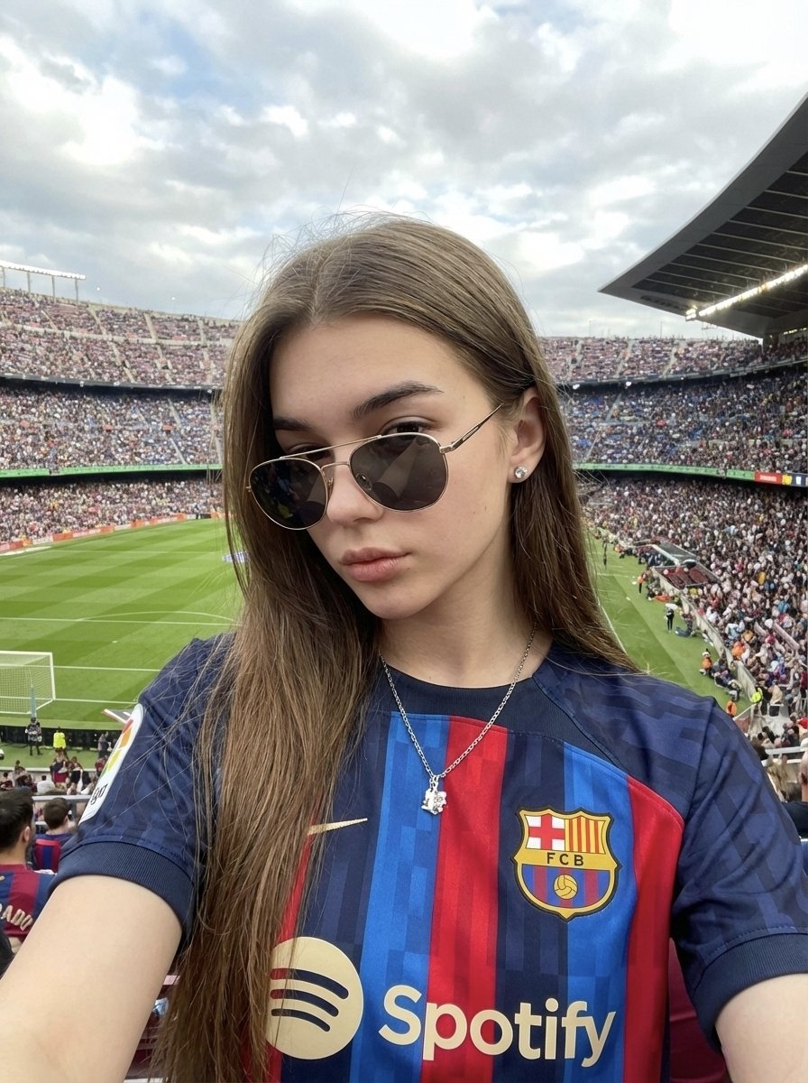Mujer confiada en camiseta del FC Barcelona haciéndose selfie en estadio