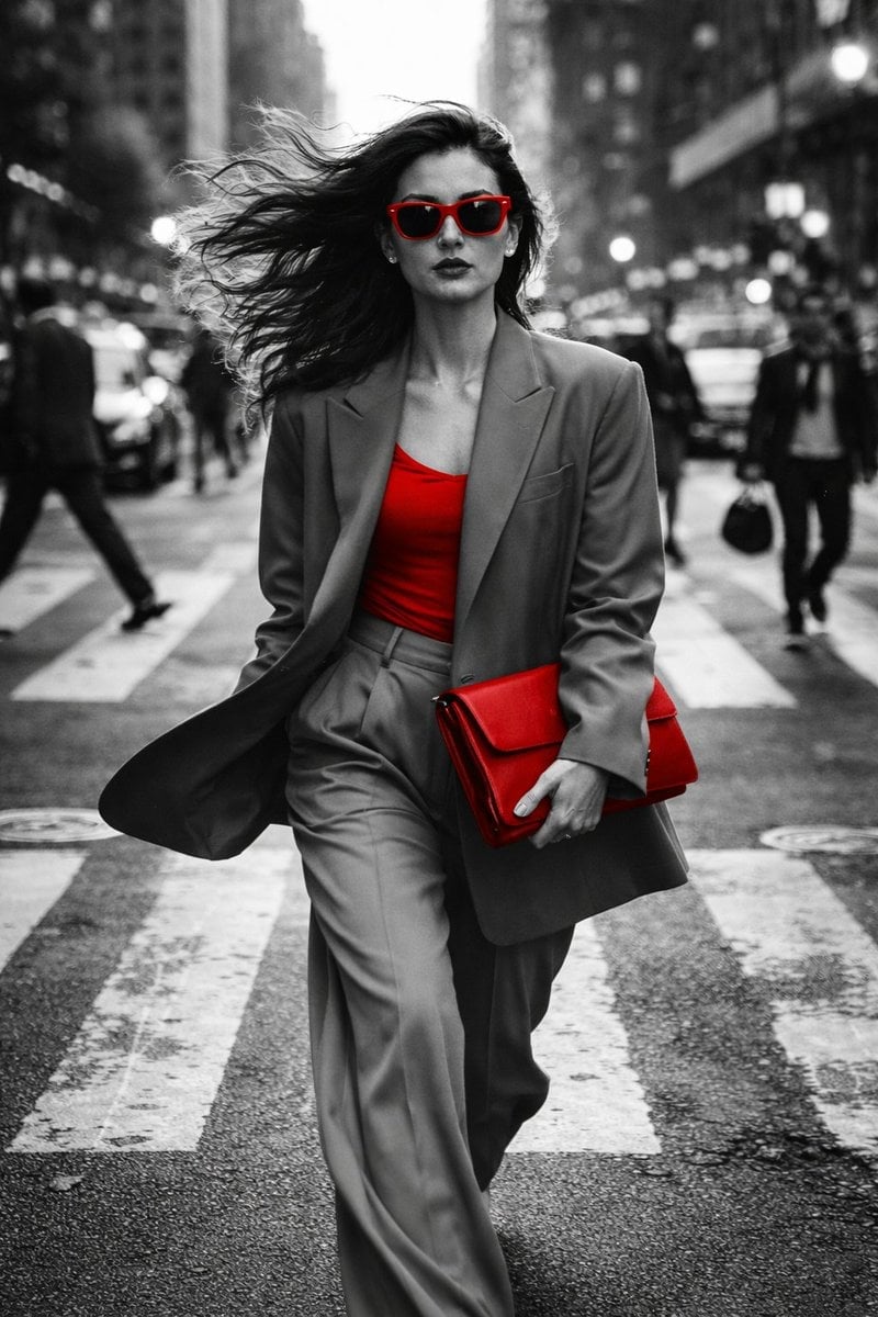 Mujer Confiada en Moda Callejera Blanco y Negro con Acentos Rojos Selectivos