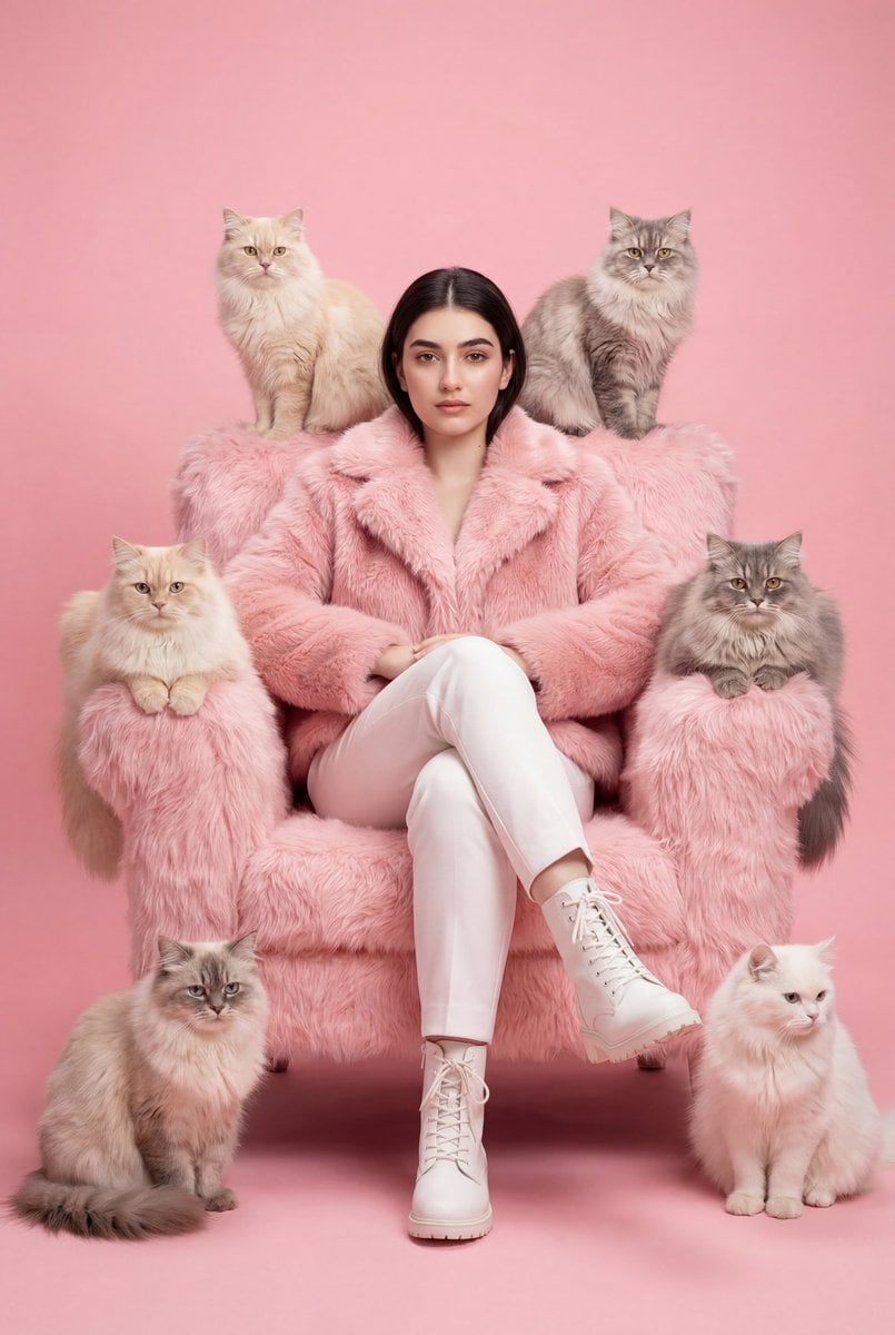 Fashion Editorial Portrait: Woman in Pink Armchair with Cats