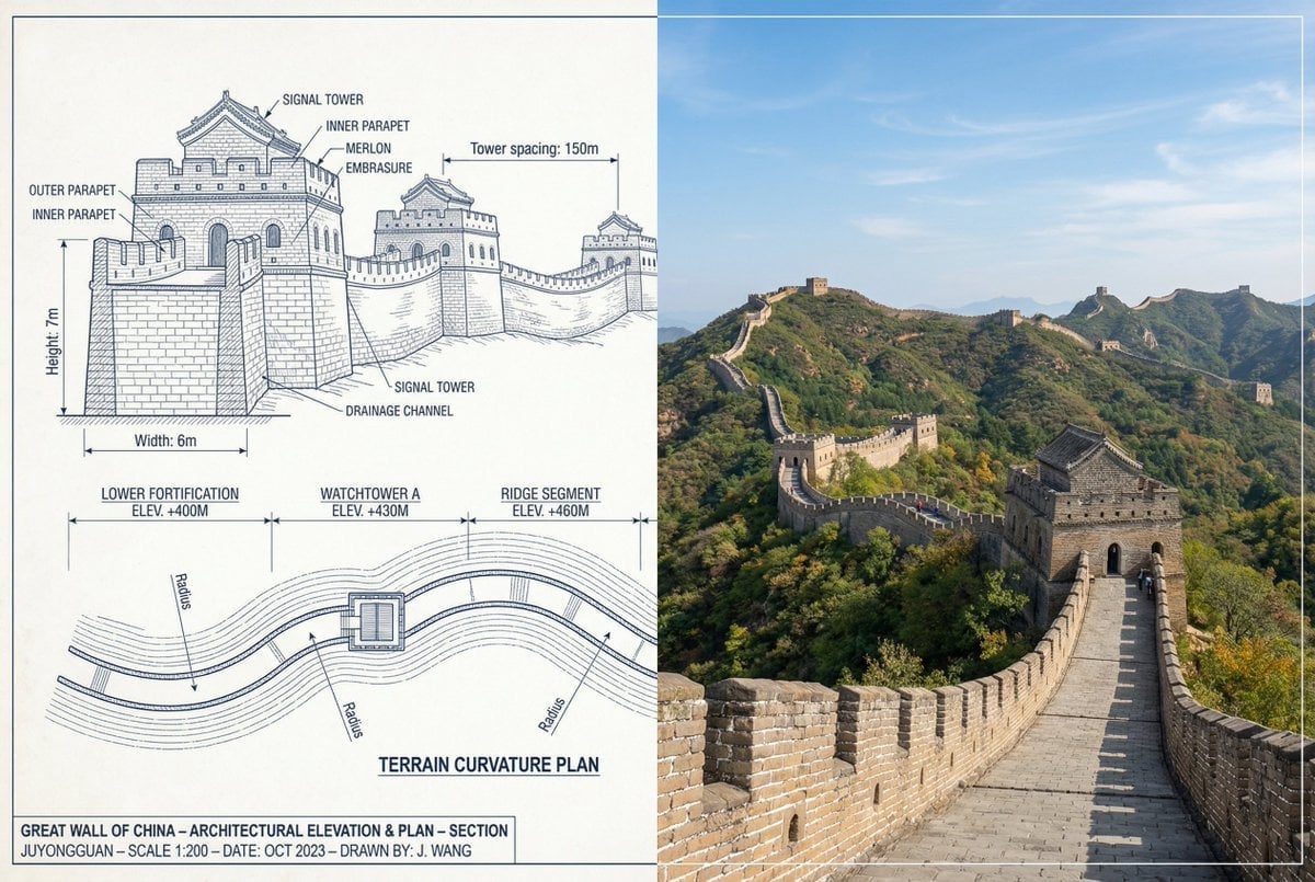 Nano Banana Bildgenerierung: Vergleich Skizze und Foto der Chinesischen Mauer