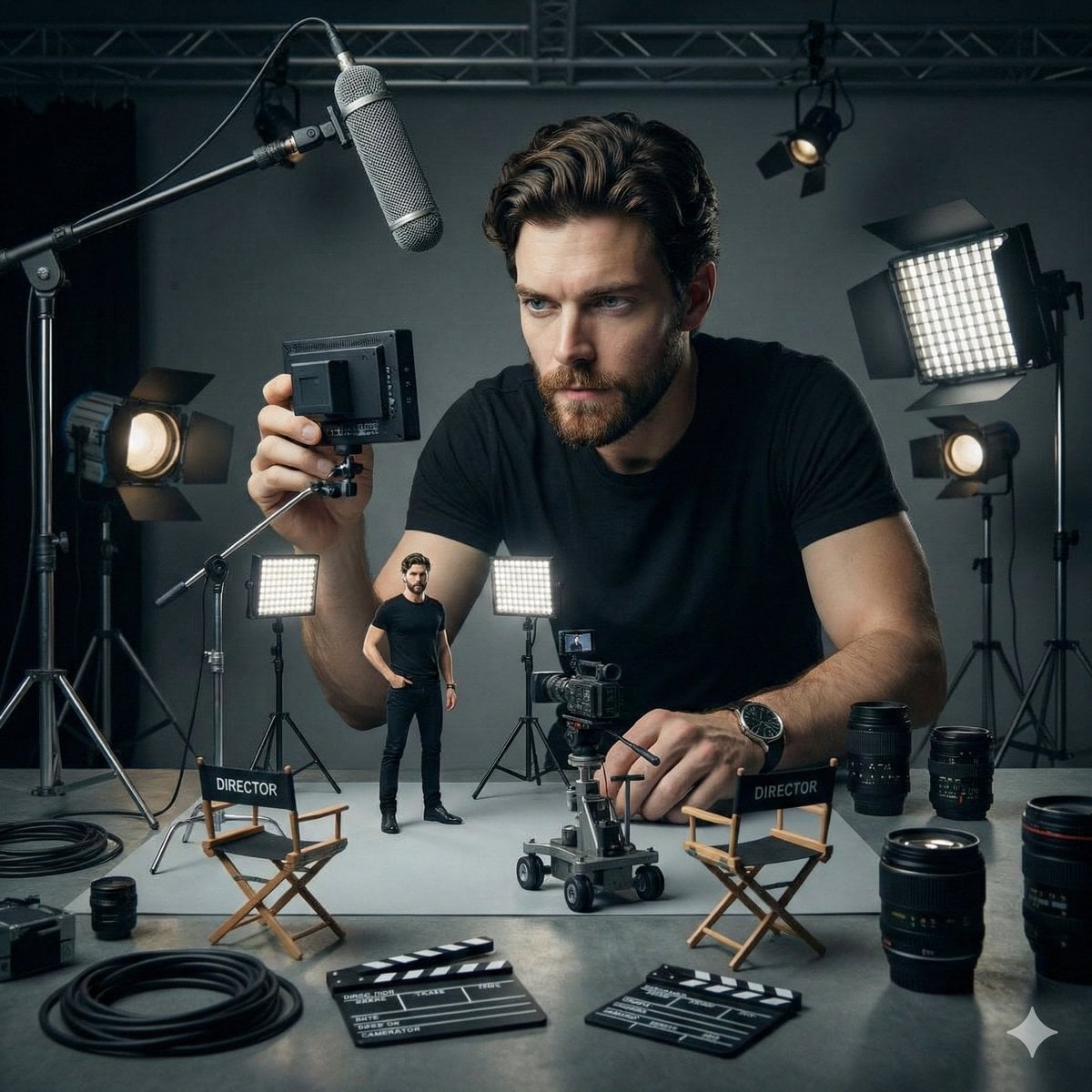 Nano Banana Miniatur Filmset: Ultrarealistische filmische Studioszene