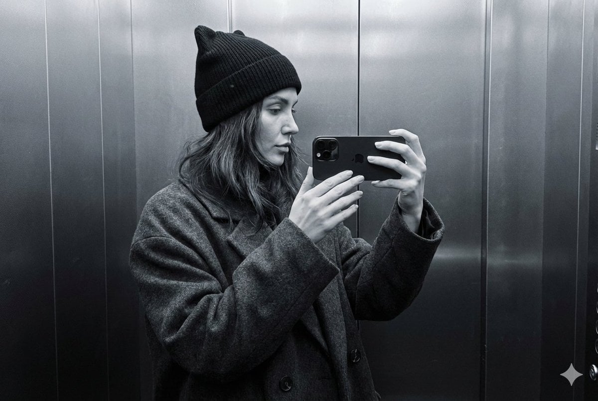 Selfie de profil photoréaliste : style minimaliste monochrome en ascenseur