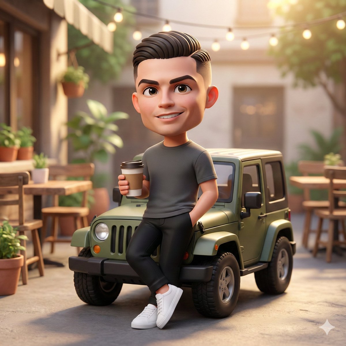 3D Chibi Character Café Scene with Mini Jeep - Pixar Style Render