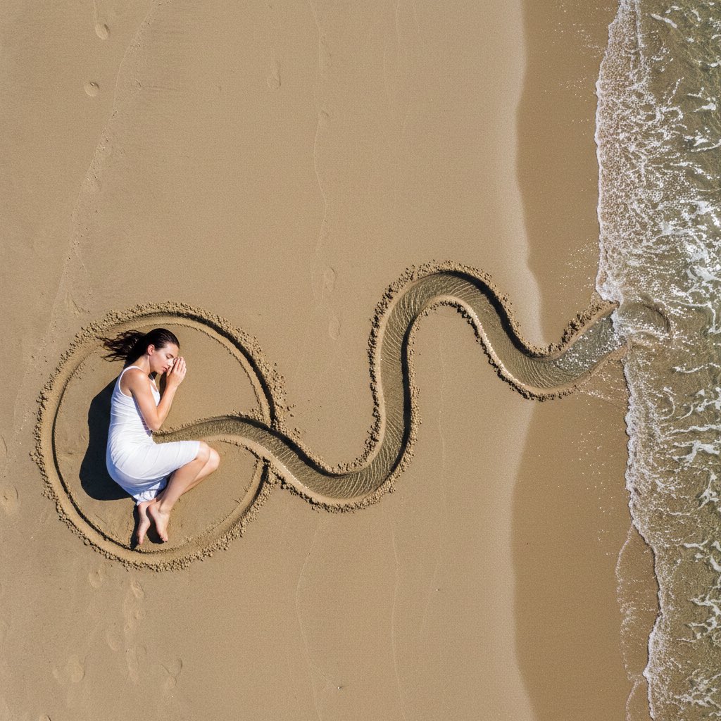 Land-Art Woman Sea Trench: Sand Connection Photography