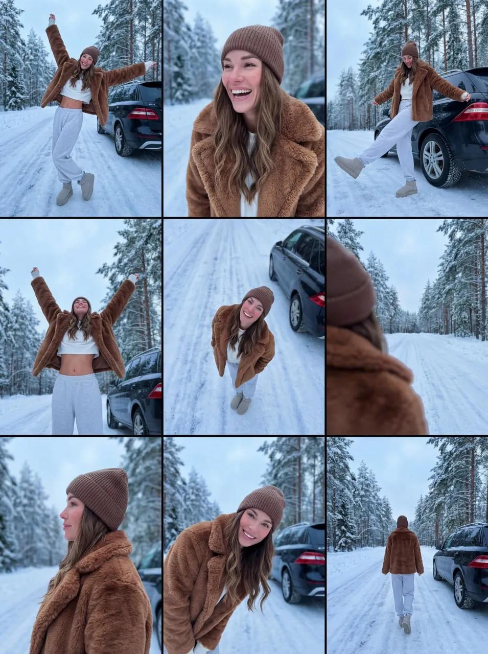 Collage en grille 3x3 d'une jeune femme dans une forêt hivernale
