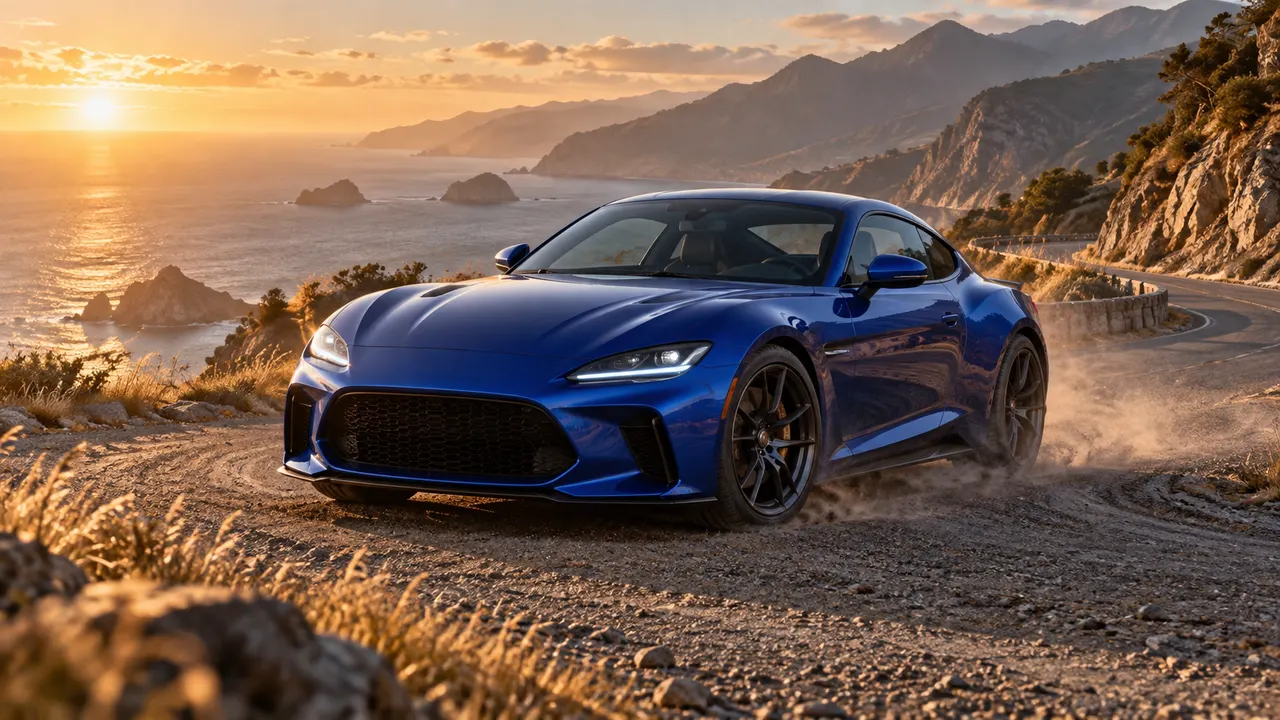 Coupé sportif bleu sur une route côtière comme première image possible